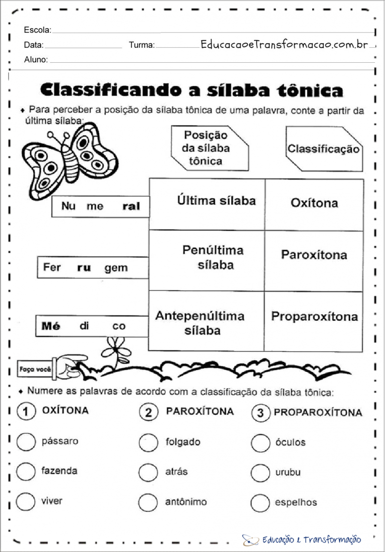 Atividades Sílaba Tônica quanto a sua Classificação e Posição