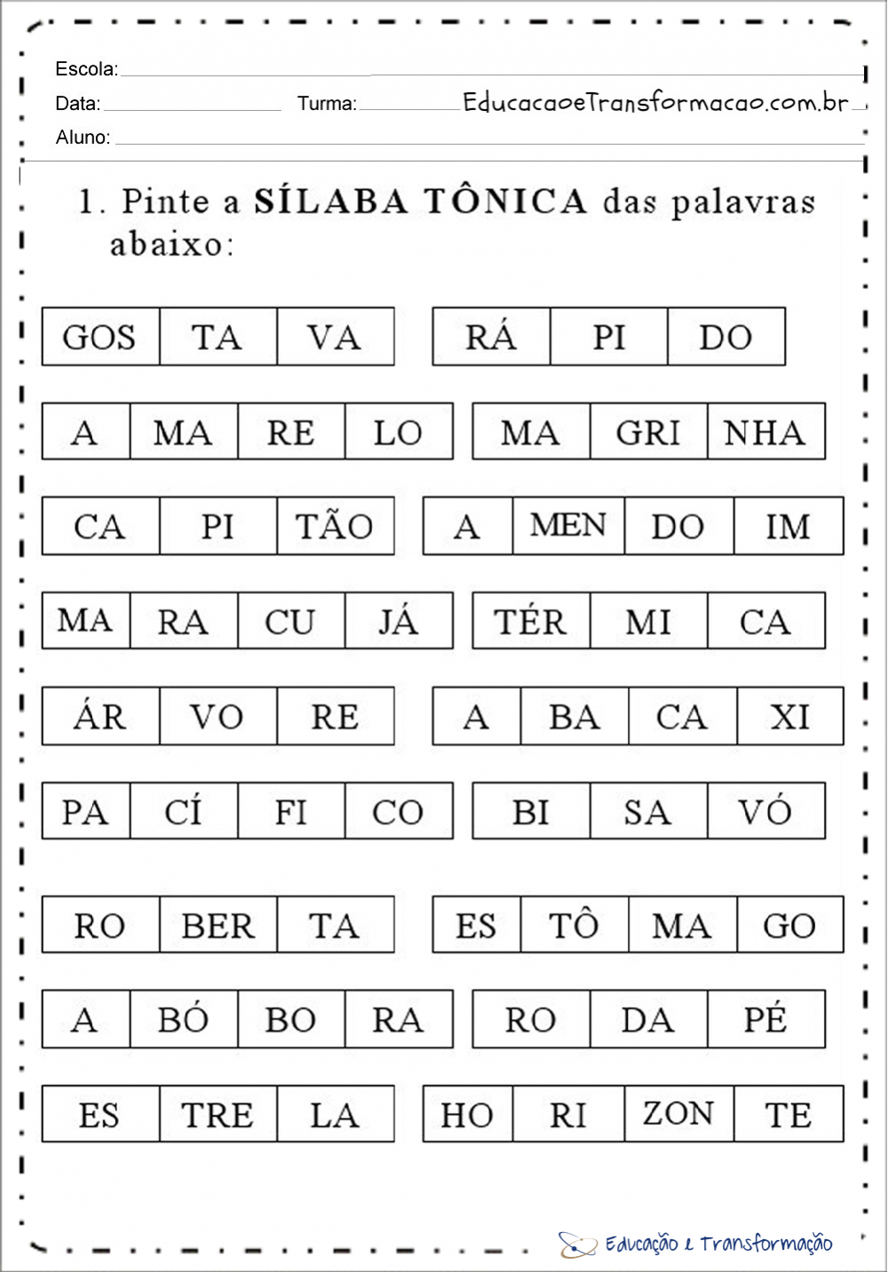 Atividades Com Silaba Tonica Ano