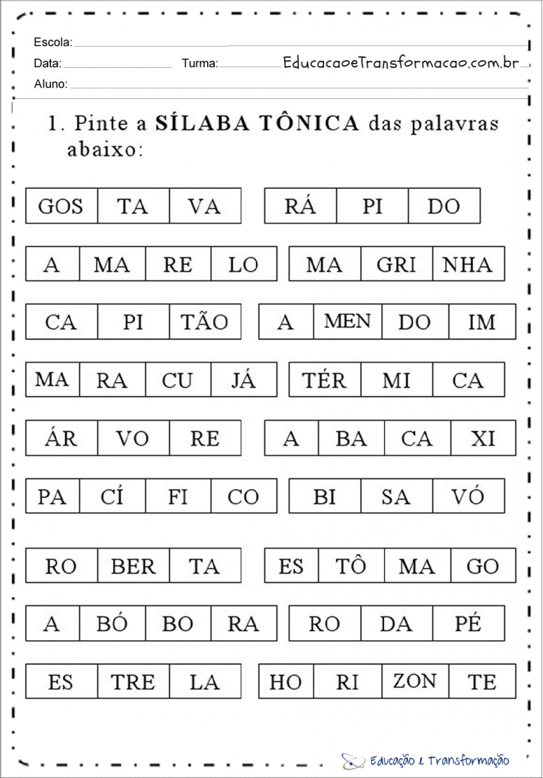 Atividades Sílaba Tônica quanto a sua Classificação e Posição