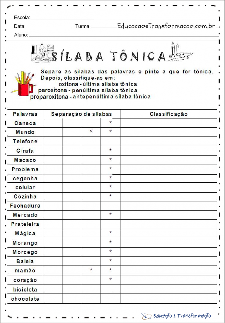 Classifique As Palavras De Acordo Com A Sílaba Tônica