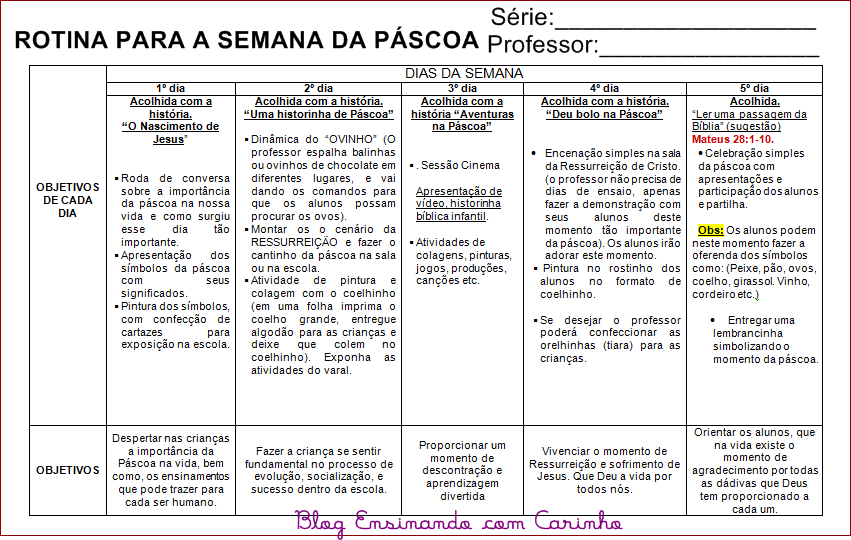 Rotina semanal para Páscoa para Ensino Fundamental para imprimir