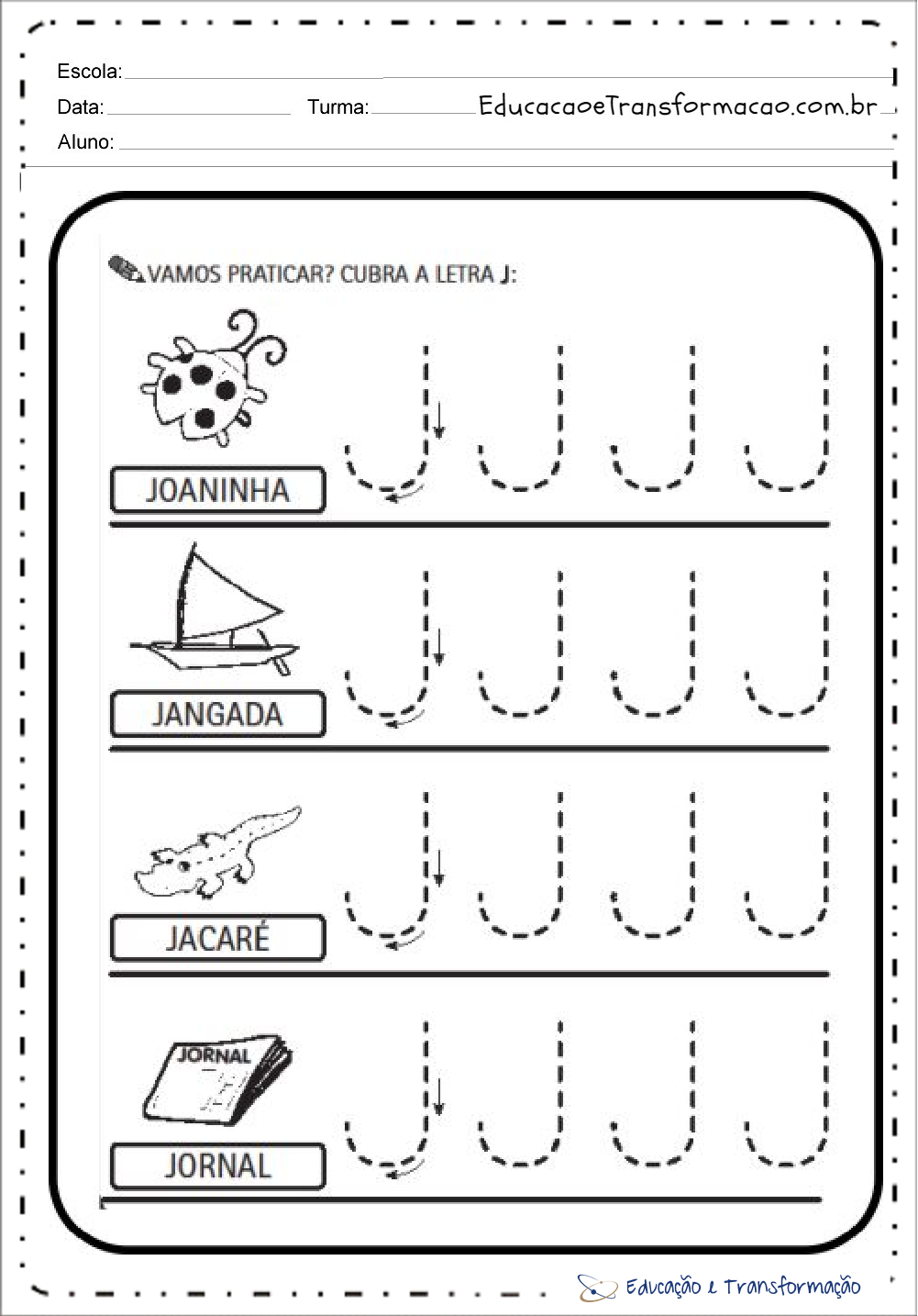 Atividades com a letra J - Pontilhados (Tracejado) para imprimir