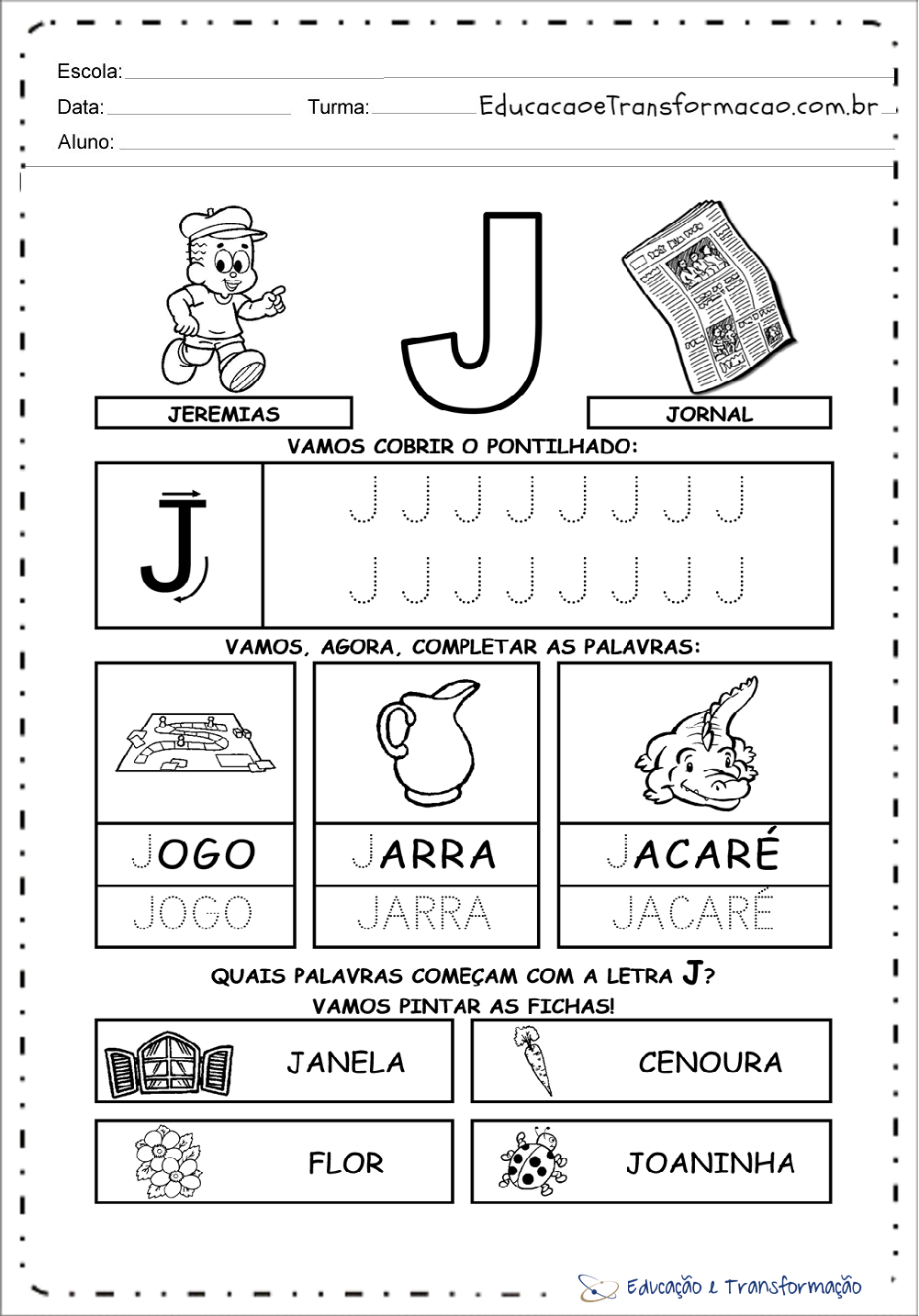 Atividades com a letra J - Pontilhados (Tracejado) para imprimir