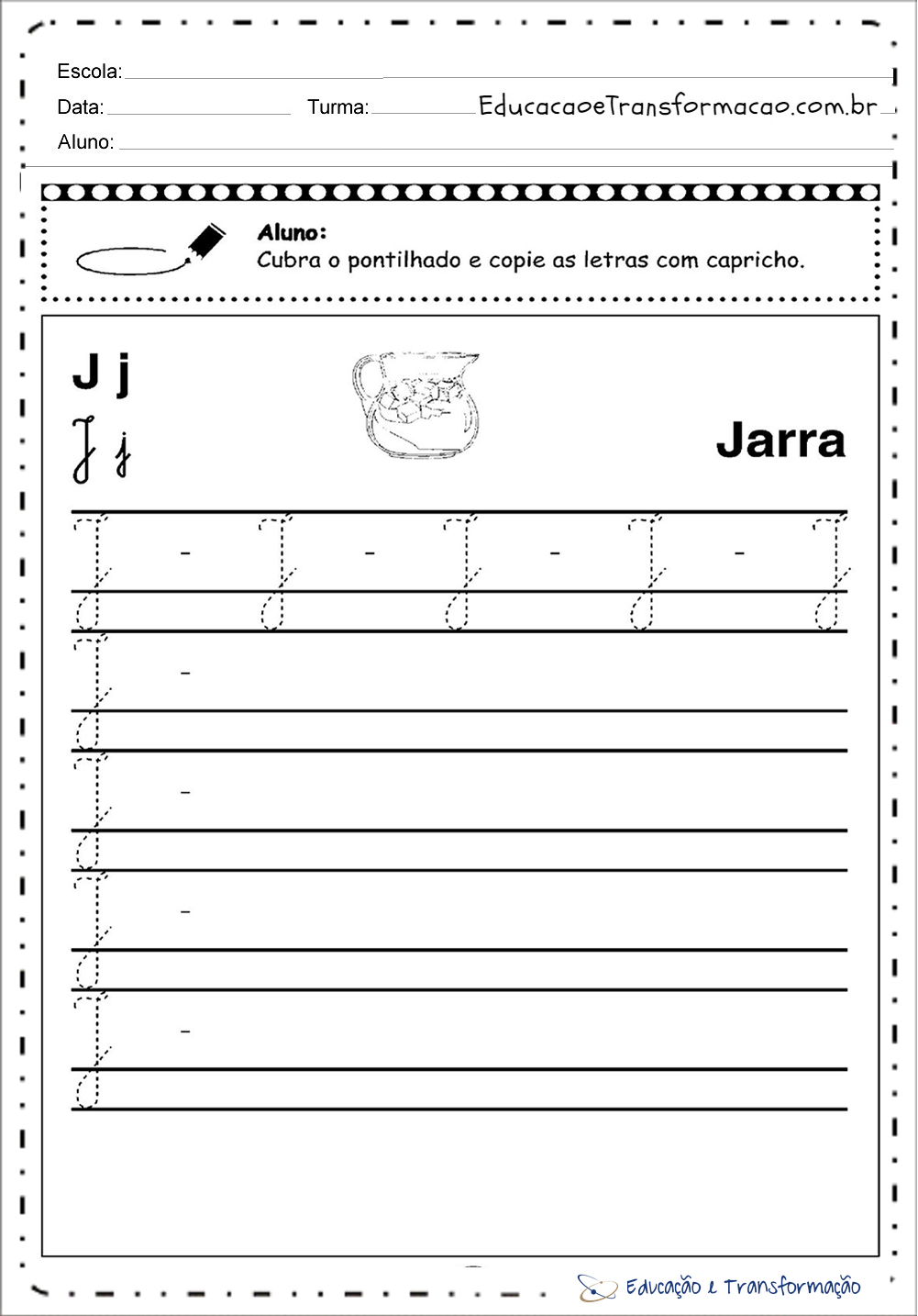 Atividades com a letra J - Pontilhados (Tracejado) para imprimir