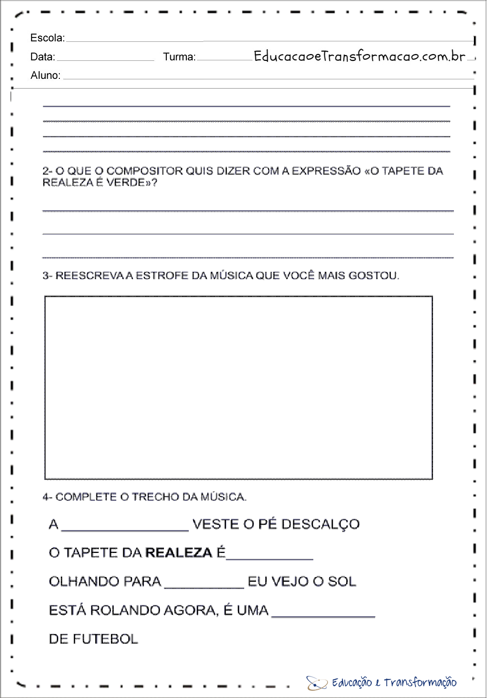 Atividade de Musica e Uma Partida de Futebol Compreensao de Texto