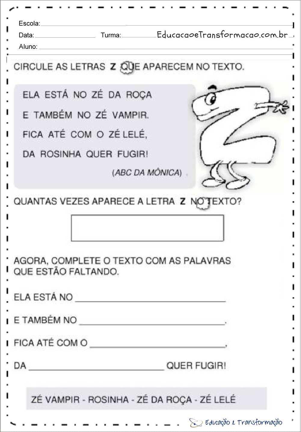 Atividades com a letra Z