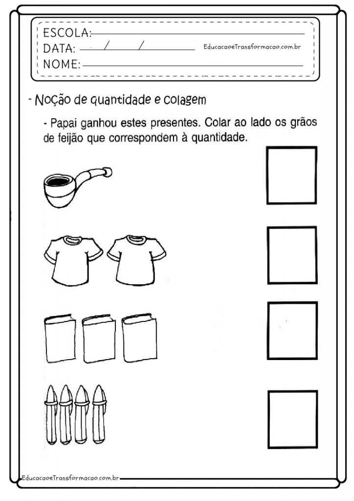 Atividades dia dos pais maternal - Quantidade e Colagem