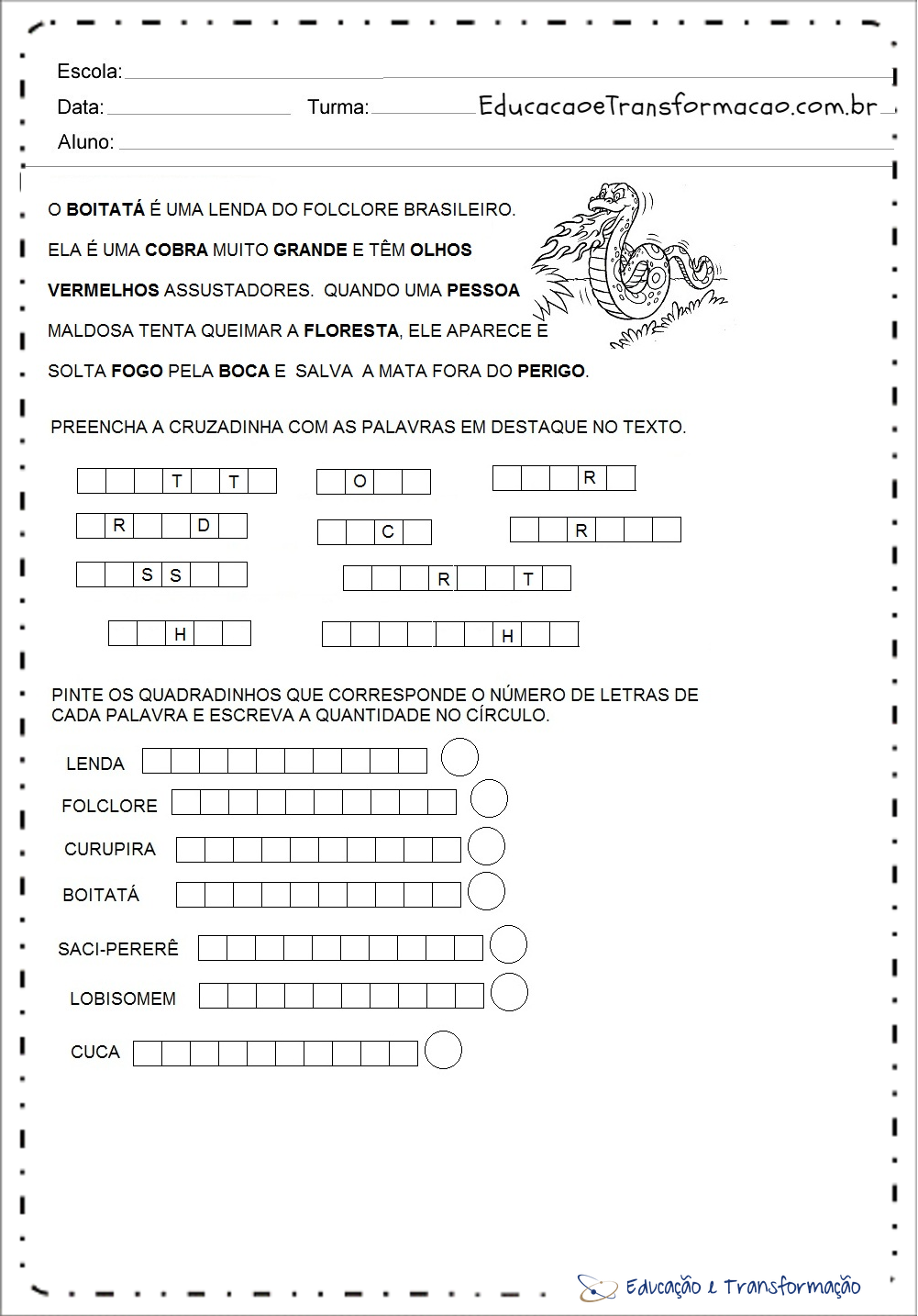Complete As Lacunas E Preencha A Cruzadinha