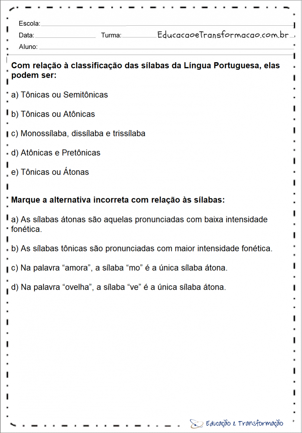 Atividades de silabas para tarefa de casa