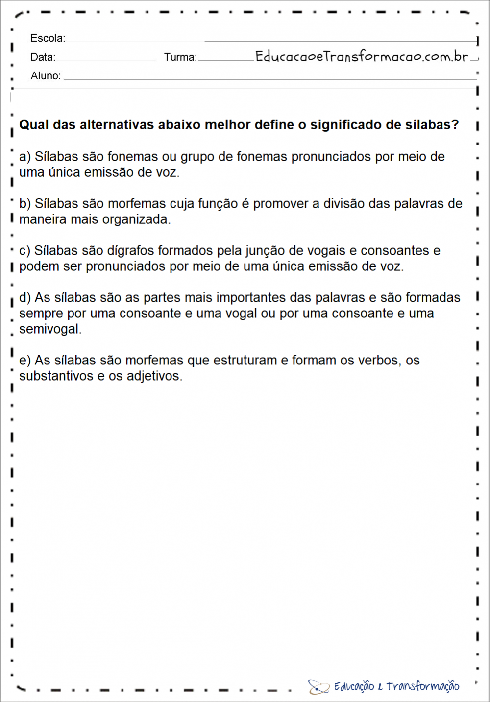 Atividades de silabas para tarefa de casa