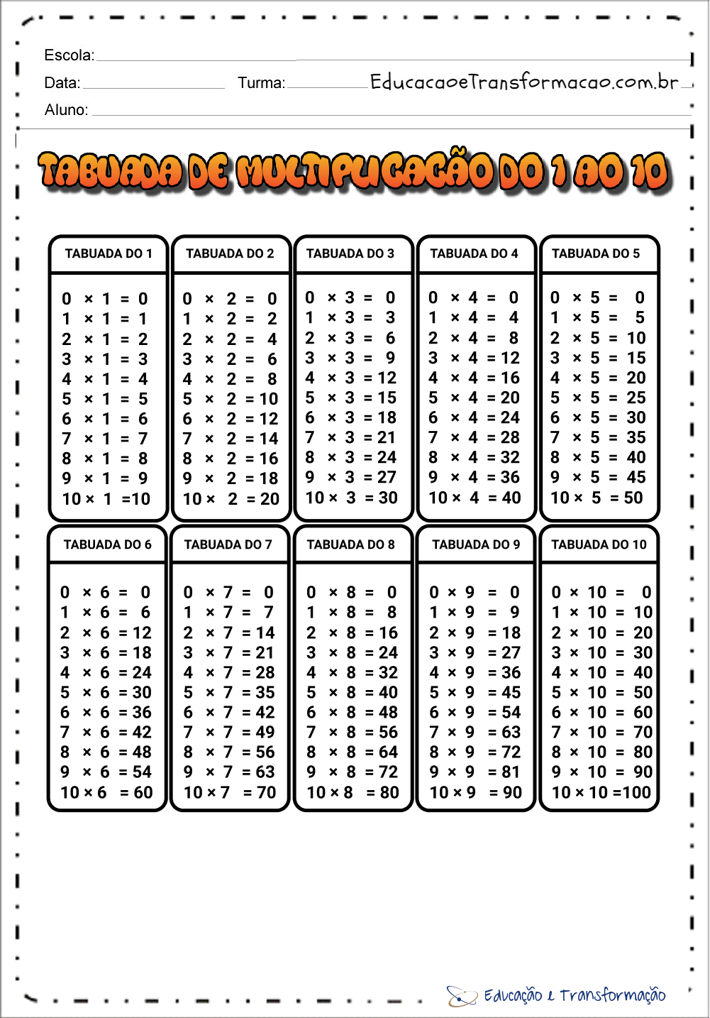 Tabuada De Multiplicação Simples Para Imprimir Educação E Transformação