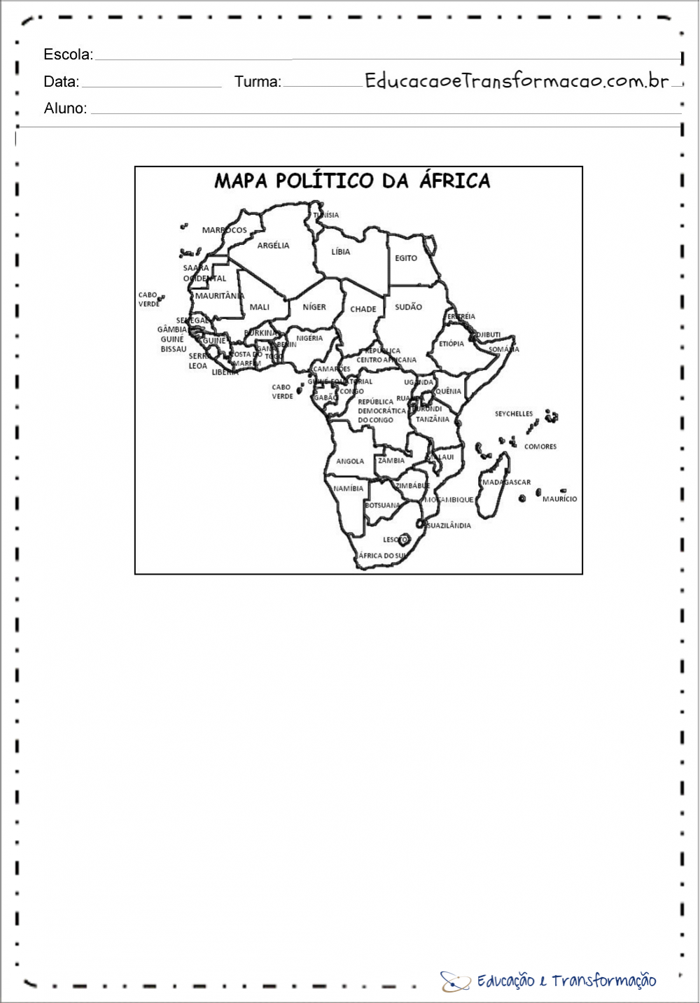 Mapa da áfrica para colorir - Politico com nomes