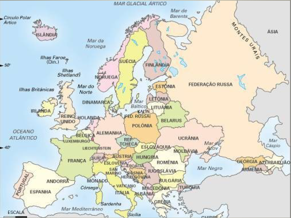 Mapa da Europa: dados territoriais e informações geográficas - Paises