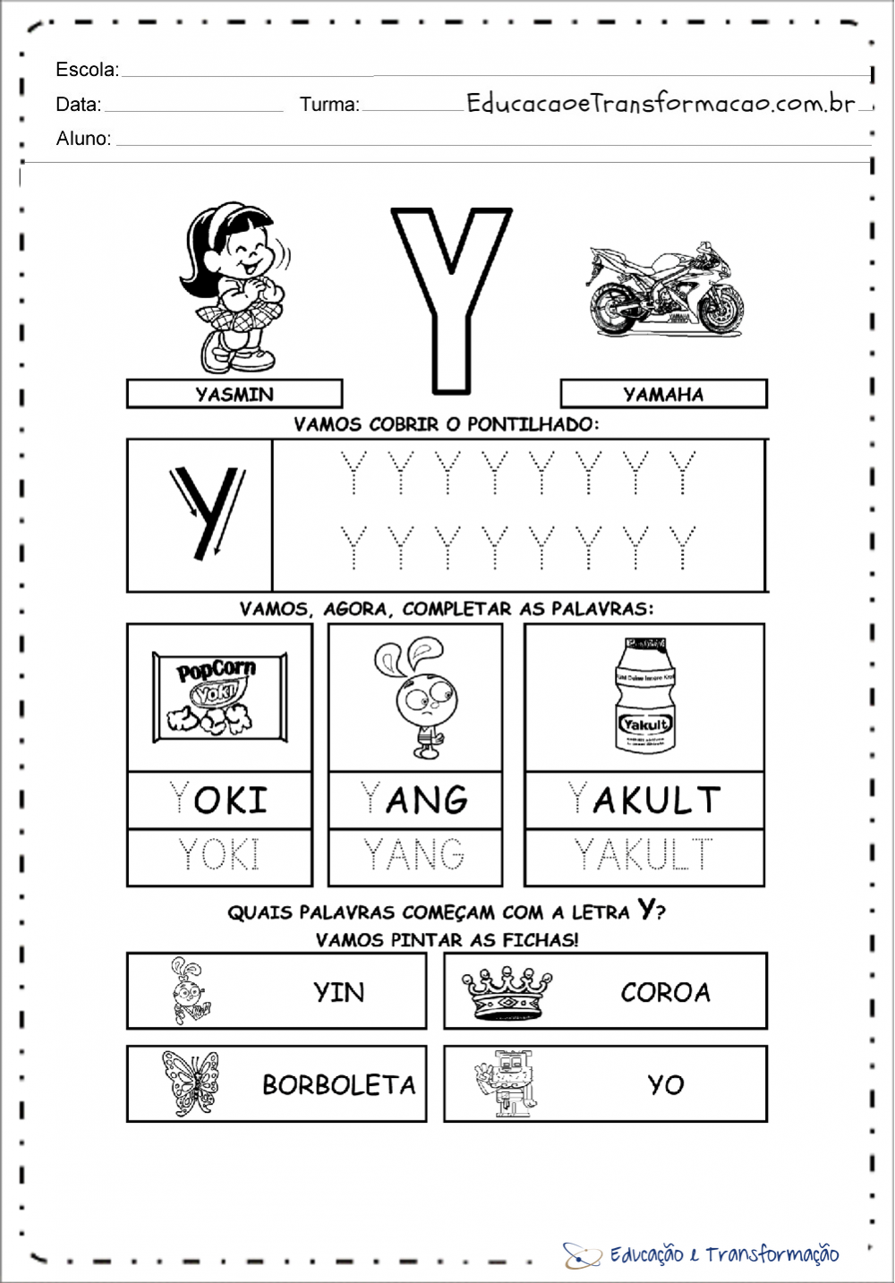Atividades Educativas com a Letra Y - Para imprimir