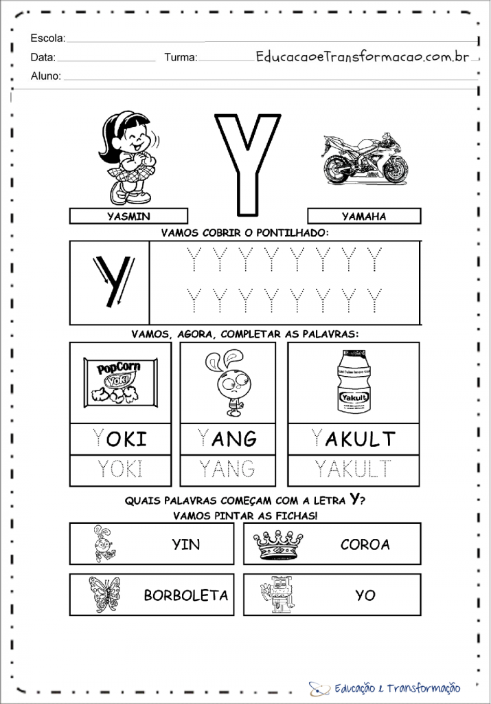 Atividades Educativas com a Letra Y - Para imprimir