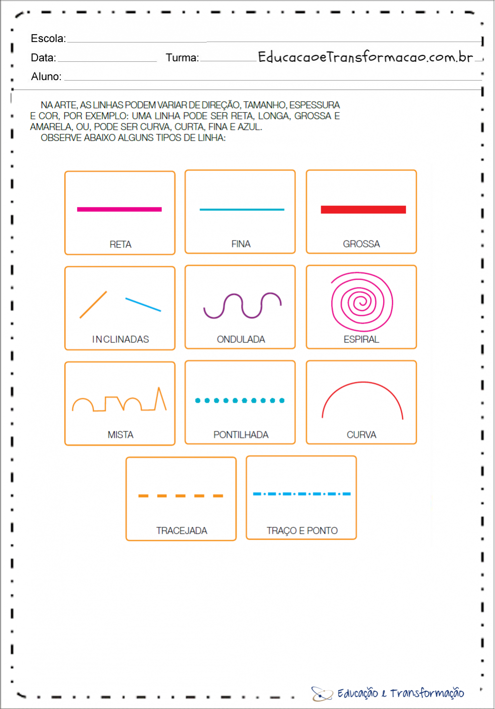 Atividades de Artes 1 ano - Tipos de linha