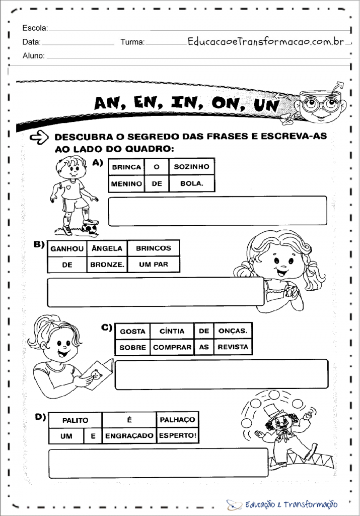 Atividades de Alfabetização com AN, EN, IN, ON e UN para imprimir