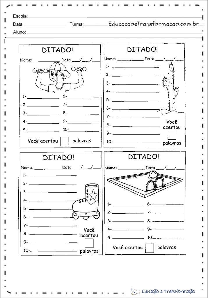 Modelo de folha para ditados de palavras para imprimir