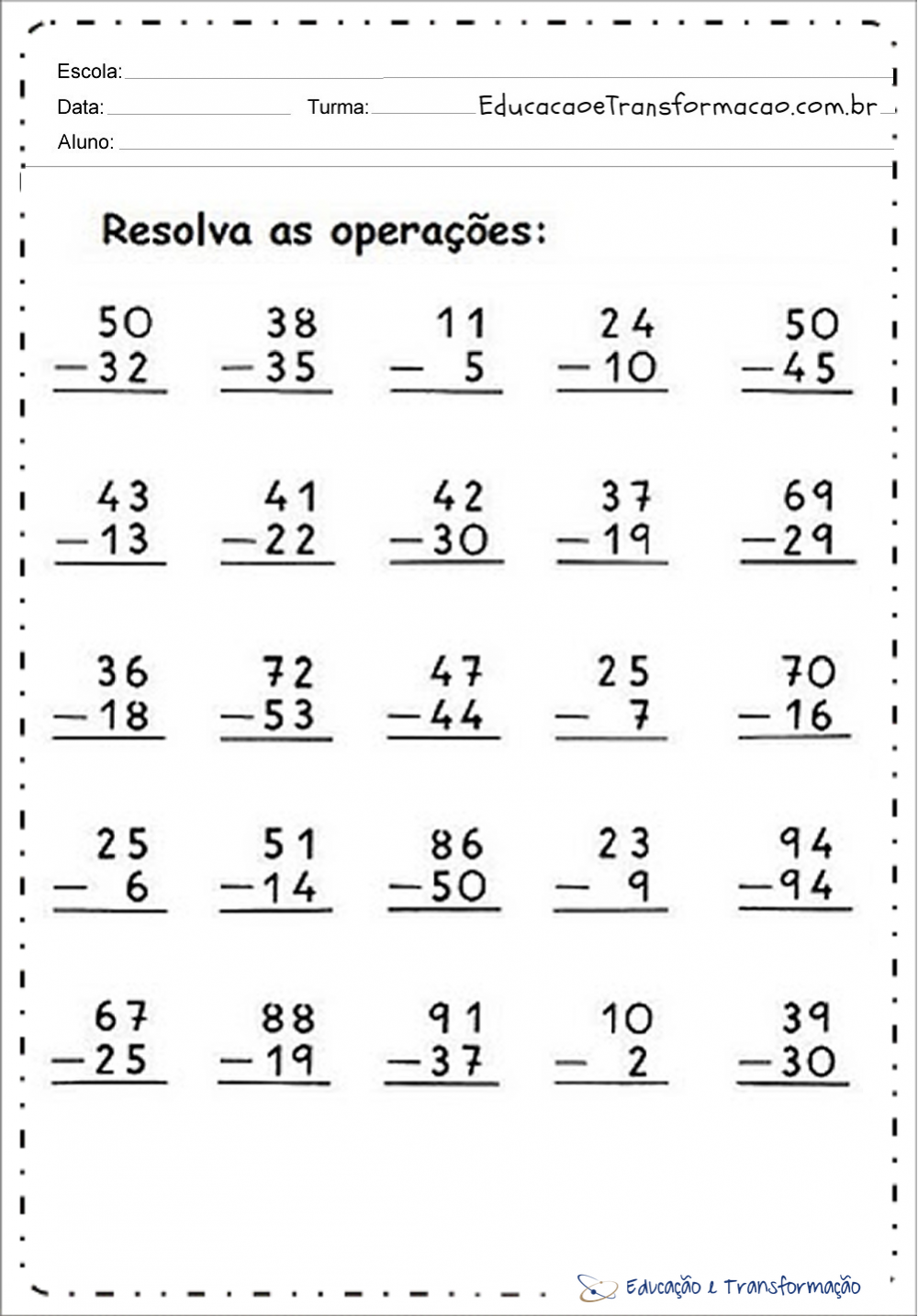 Atividades de Subtração para 2 ano para imprimir