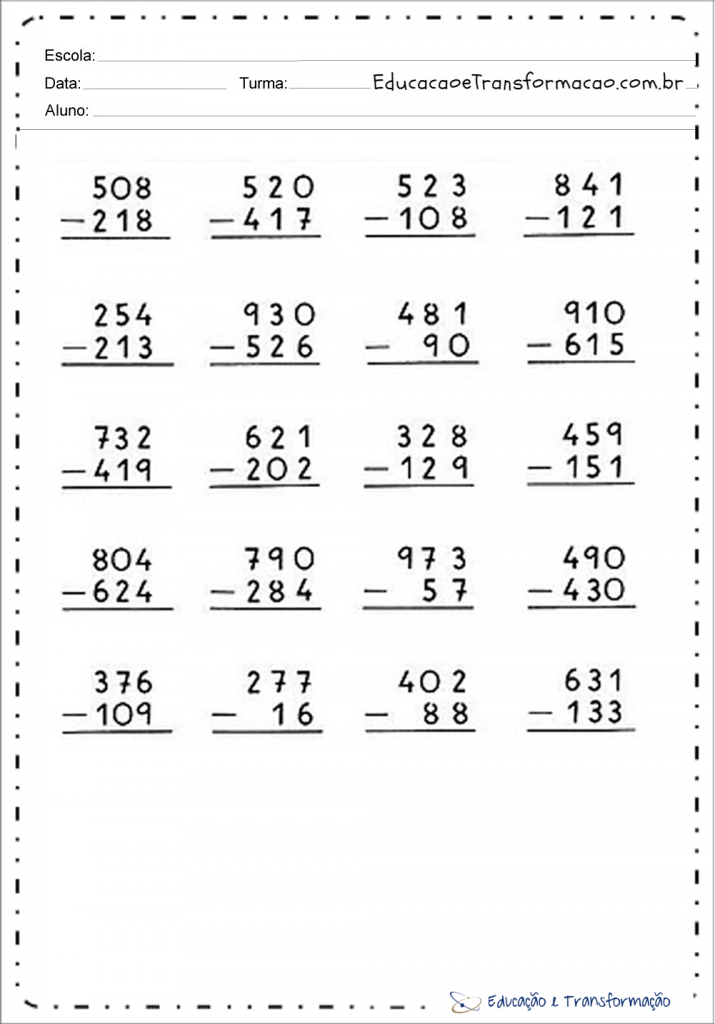 Atividades de Subtração para 3 ano