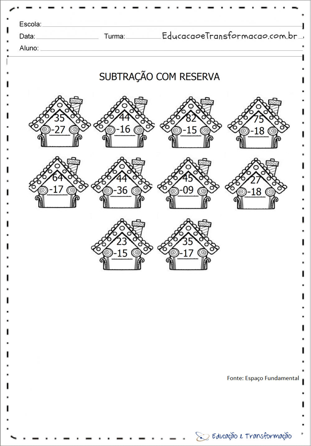 Exercícios de subtração com reserva