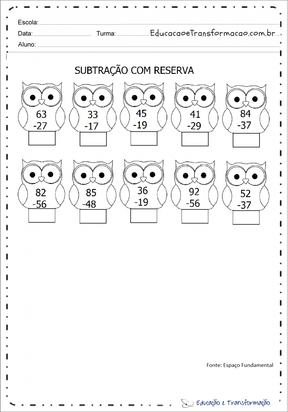 Exercícios de subtração com reserva