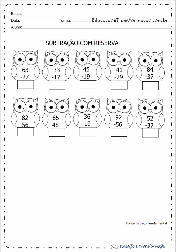 Exercícios de subtração com reserva