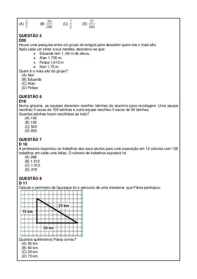 Simulados De Matemática 5 Ano para imprimir (ProEB)