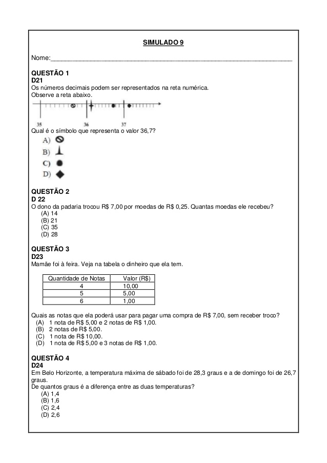 Simulados De Matemática 5 Ano para imprimir (ProEB)