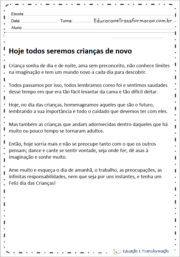 Textos Dia das Crianças: Hoje todos seremos crianças de novo