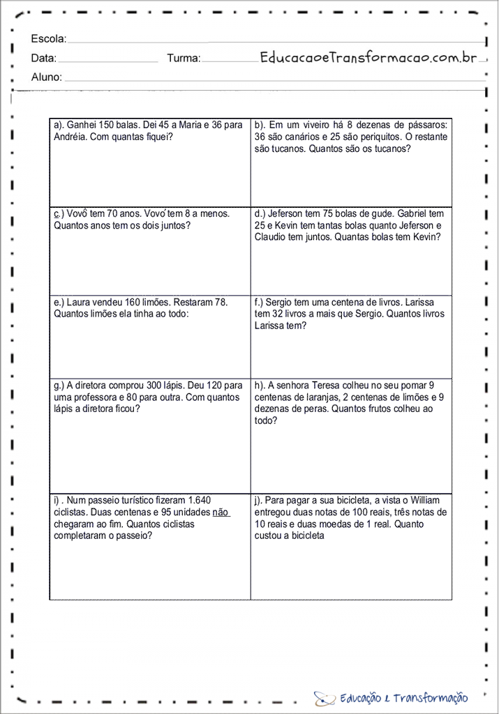 Problemas de Matemática 4 ano para imprimir