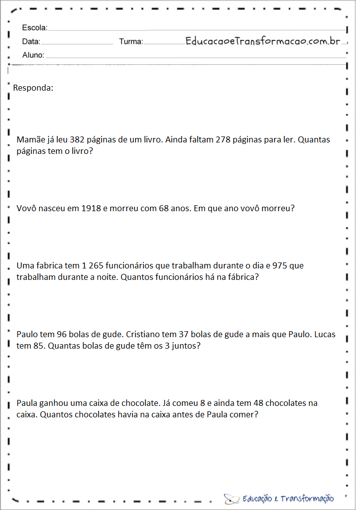 Problemas de matemática 4 ano adição e subtração para imprimir