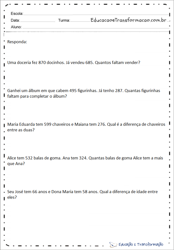 Problemas de matemática 4 ano adição e subtração para imprimir