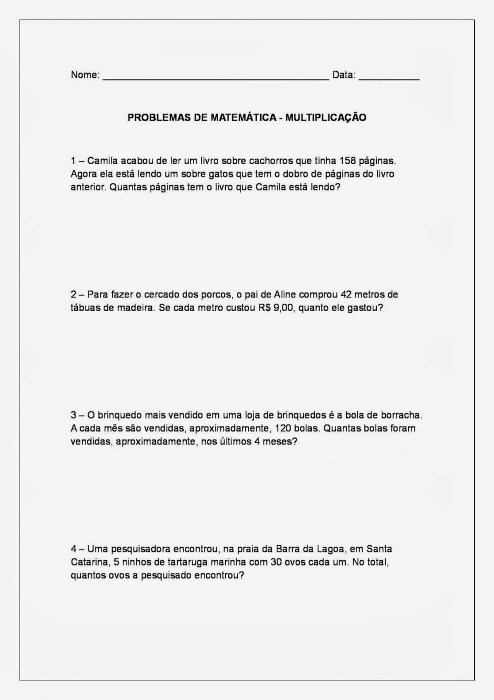 Problemas de Matemática 4 ano - Atividades Situações Problemas