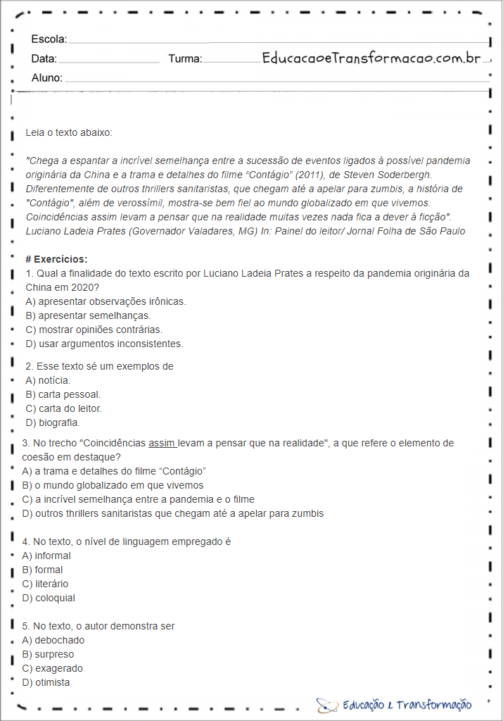 Atividades sobre o tema pandemia "Carta ao leitor" - Para imprimir