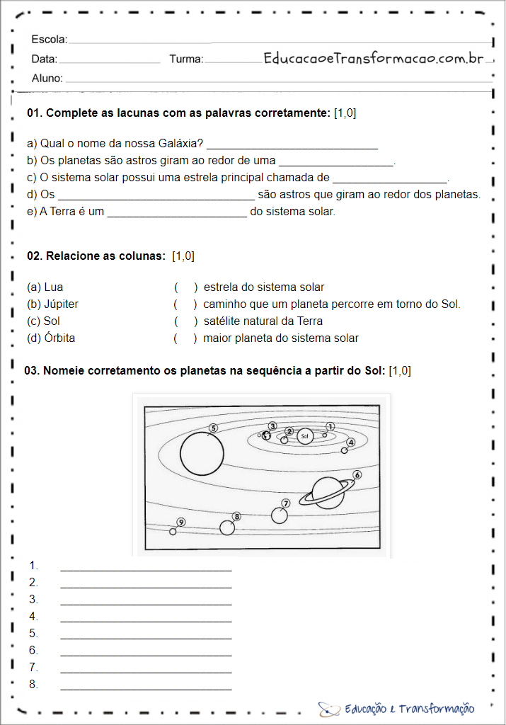 Atividades de Geografia para 6 ano - O universo