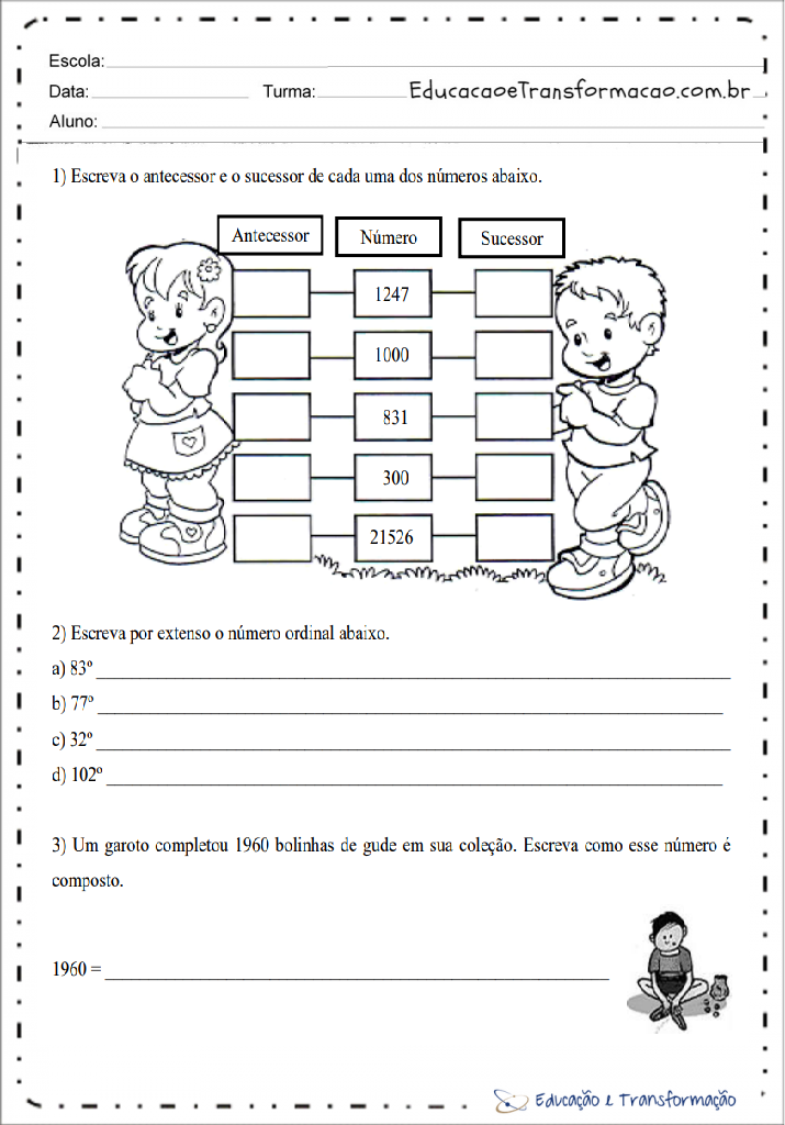Atividades de matemática 1 ano antecessor e sucessor