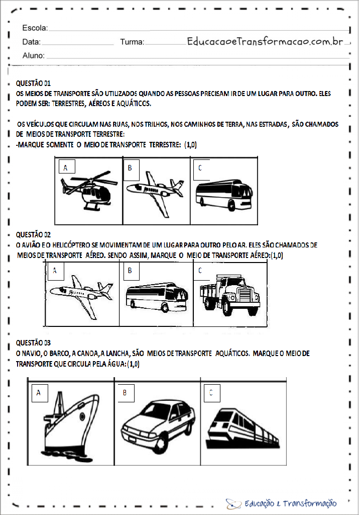 Atividades de Geografia 1 ano - Meios de Transporte