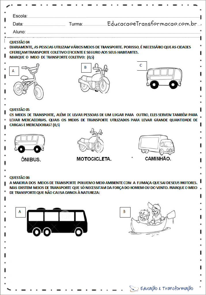 Atividades de Geografia 1 ano - Meios de Transporte