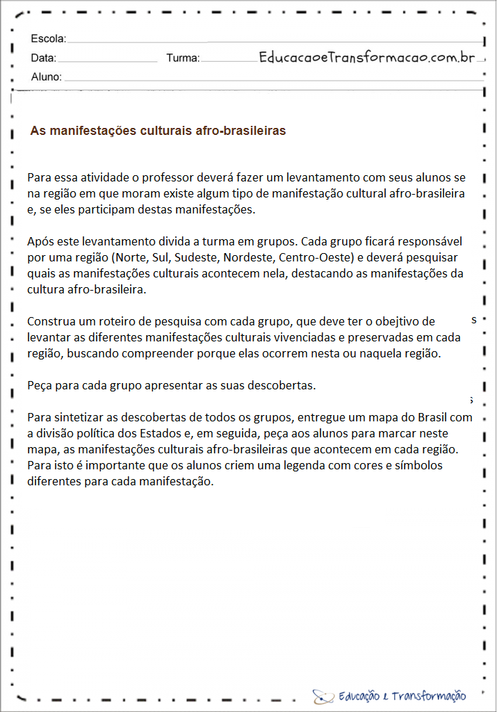 Atividades de Geografia - As manifestações culturais afro-brasileiras