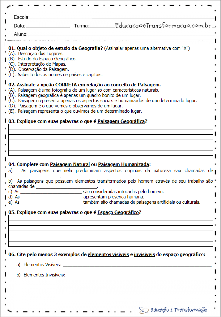 Atividades de Geografia 6 ano – Educação e Transformação