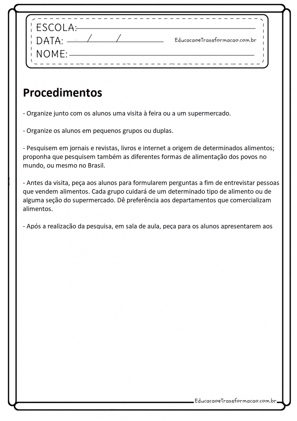 Atividades de Ciências 1 ano - Origem dos Alimentos