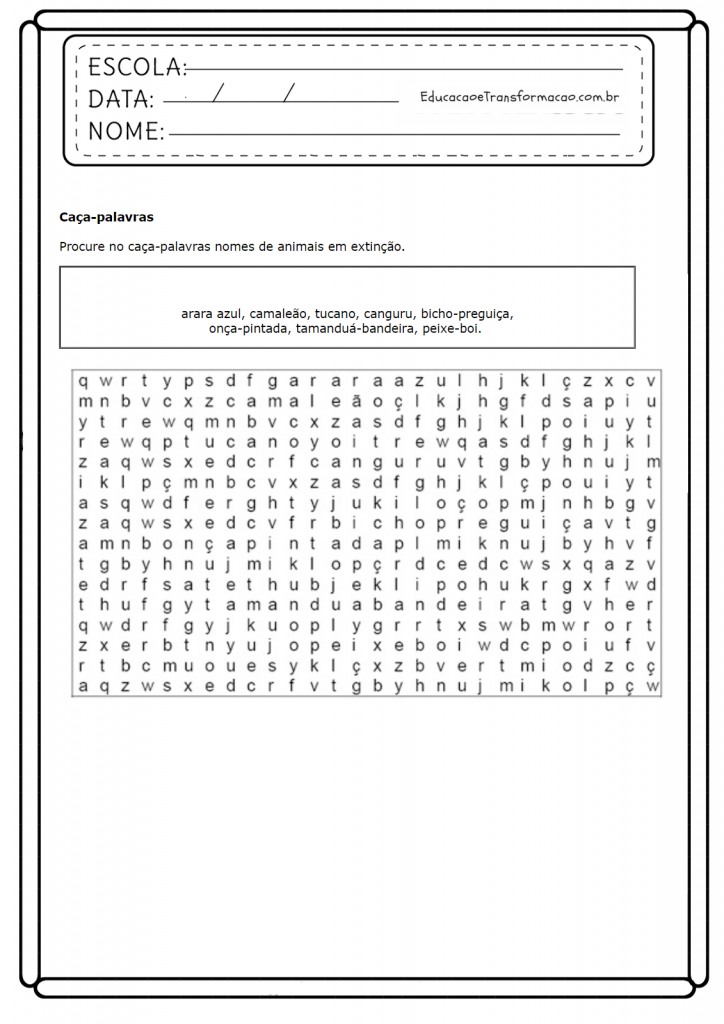 Atividades de Ciências 2 ano para casa - Caça Palavras dos Animais em Extinção