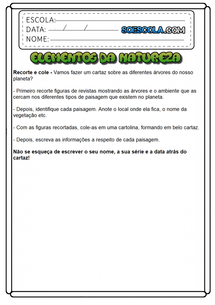 Atividades de Ciências 3 ano para imprimir - Elementos da natureza