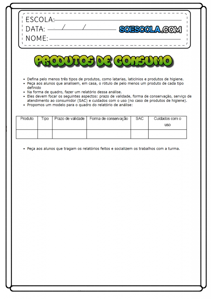 Atividades de ciências 4 ano - O Meio Ambiente: Produtos de Consumo