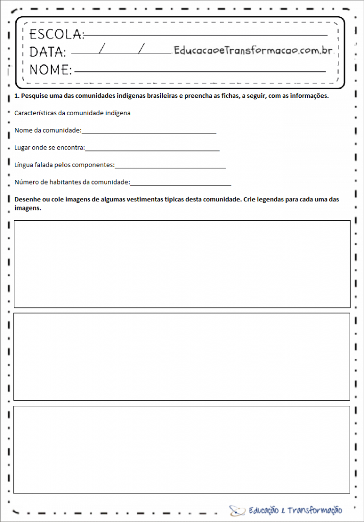 Atividades de História 4 ano - Comunidades Indígenas - Folha 01