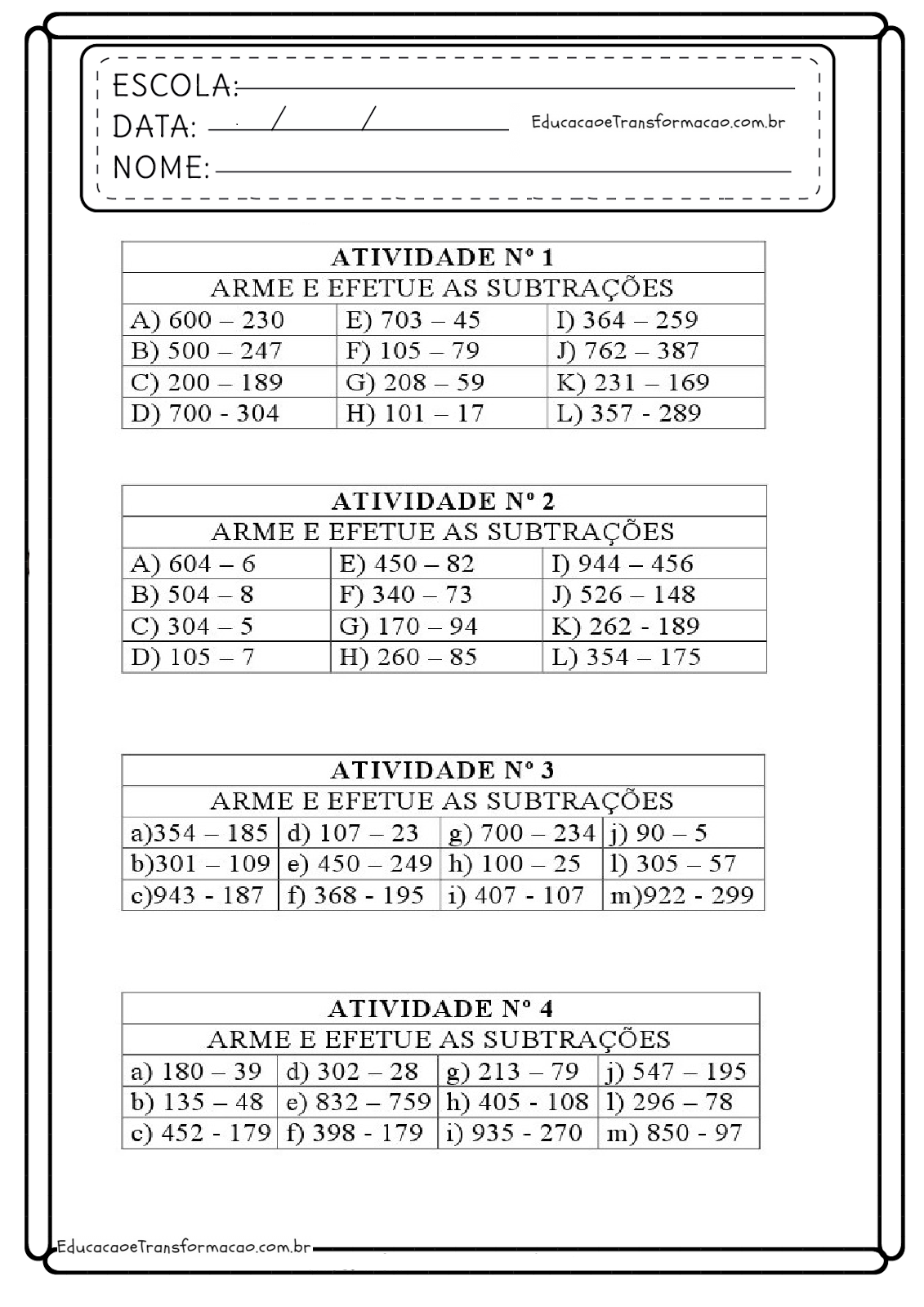 Atividades de Matemática Subtração com unidade e dezena e centena