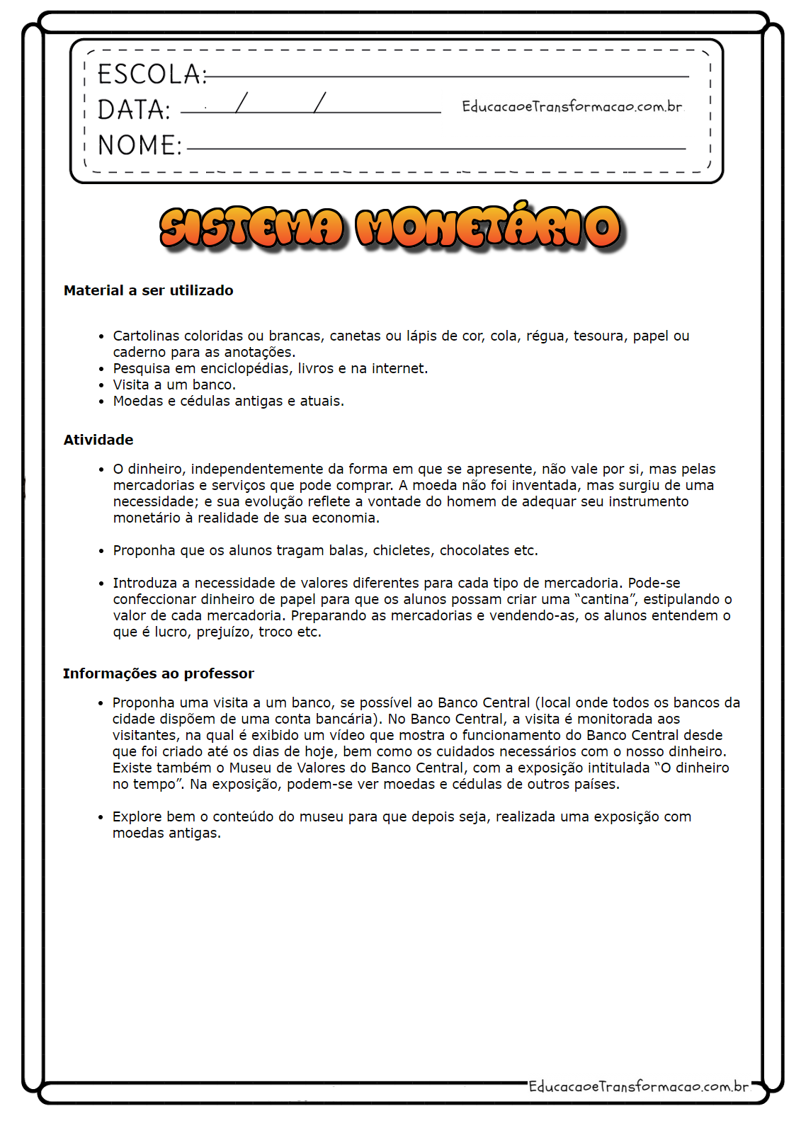 Atividades Sobre Sistema Monetario 5 Ano Com Gabarito