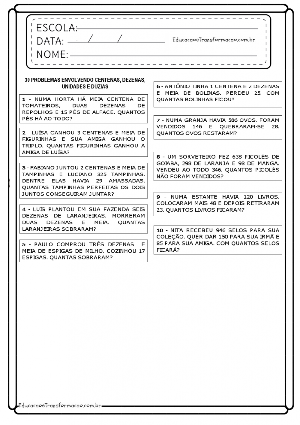 Atividades de Matemática dezena e unidade - Envolvendo centenas, dezenas, unidades e duzias - Folha 01