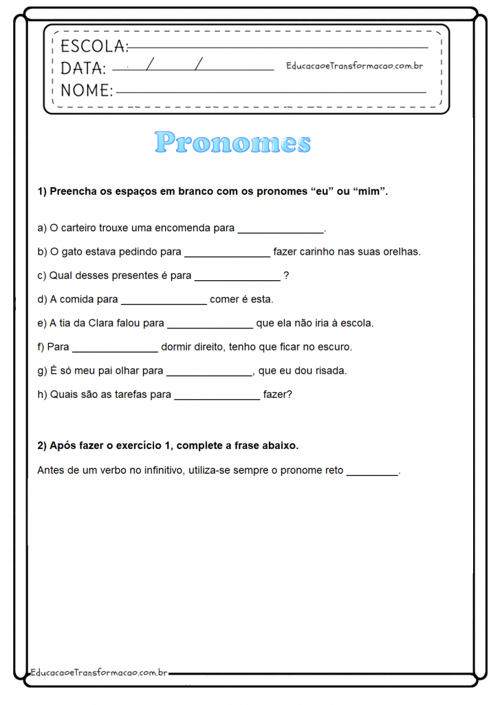 Atividades de português 5 ano - Pronomes